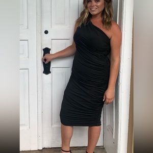 One shoulder ruched black midi dress size medium